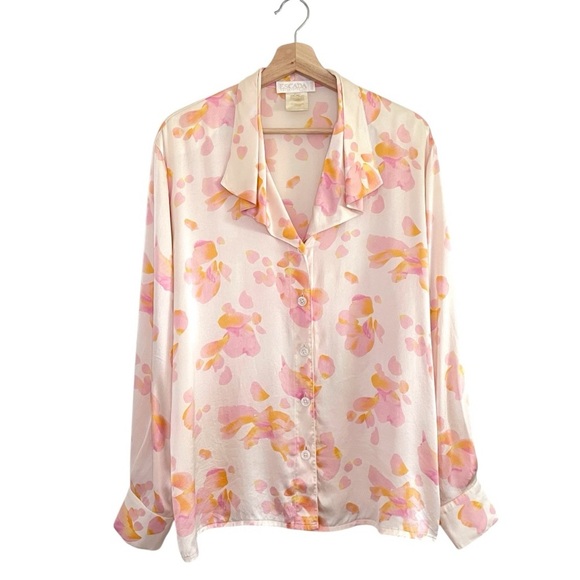 Escada Margaretha Ley Vintage Silk Satin Floral Blouse Cream Pink EU 42 US 12 - Picture 1 of 16